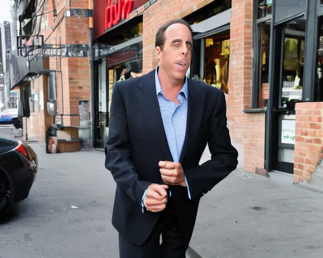 Image similar to Jerry Seinfeld in a suit raging outside of a Starbucks, paparazzi, TMZ, leaked photo, candid shot