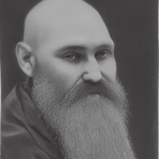 Image similar to charcoal portrait of an early 20th century russian orthodox priest, bald