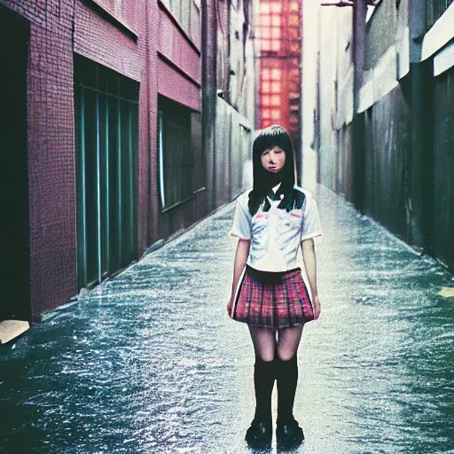 Image similar to 1990s perfect 8K HD professional cinematic photo of close-up japanese schoolgirl posing in sci-fi dystopian alleyway at morning during rain, at instagram, Behance, Adobe Lightroom, with instagram filters, depth of field, taken with polaroid kodak portra