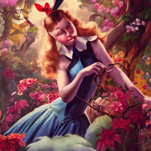 Prompt: Alice in wonderland, detailed painting by Ross Tran and Gil Elvgren