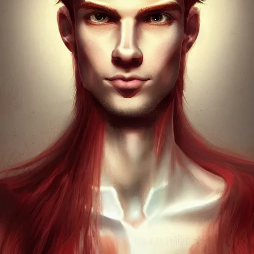 Image similar to portrait of a thin young man with long red hair, ponytail, a lot of freckles on his face, intricate, elegant, glowing lights, highly detailed, digital painting, artstation, concept art, smooth, sharp focus, illustration