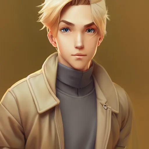 Image similar to young man with short, ash blond hair, path traced, highly detailed, high quality, digital painting, by don bluth and ross tran and studio ghibli and alphonse mucha, artgerm, 4 k, fantasy painting, sylvain sarrailh