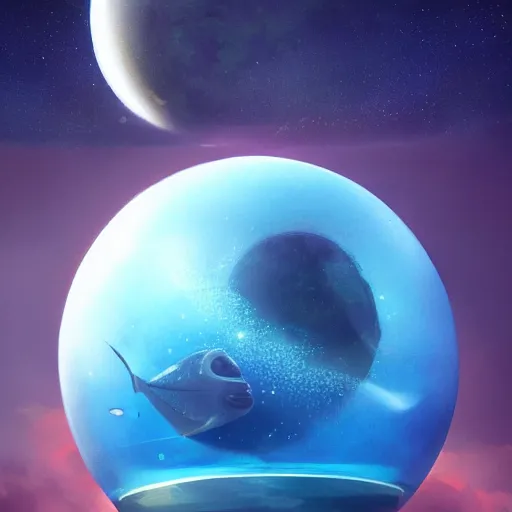 Image similar to a sphere aquarium full of fish inside it. the aquarium is floating in space, in the size of a planet. the moon is in the background. illustration, digital art, realistic, pixar style, by greg rutkowski and ash thorp, vivid colors, detailed, trending on artstation, high quality, cinematic, rule of thirds