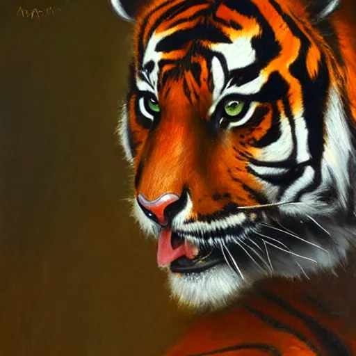 Image similar to A stunning oil painting of a tiger, anatomically correct, artstation, smooth, sharp focus