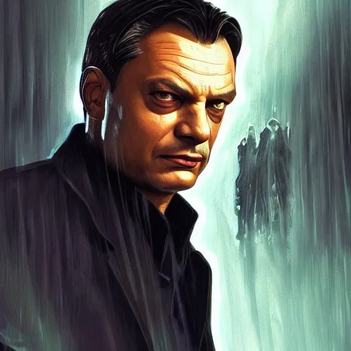 Image similar to [Viktor Orban in the movie Matrix as GTA character, closeup, D&D, intricate, elegant, highly detailed, digital painting, artstation, concept art, matte, sharp focus, illustration, art by Artgerm and Greg Rutkowski and Alphonse Mucha and Enki Bilal]