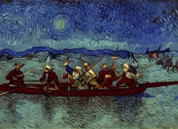 Image similar to Washington Crossing the Delaware, Dramatic Portrait Oil on Canvas, Heroic Patriotic Godd Bless America, Artwork by Vincent van Gogh