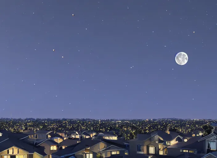 Image similar to thousands of moons scattered across the sky. thousands of big moons, focus on the sky. thousands of houses in the city, hyperrealism, no blur, 4 k resolution, ultra detailed