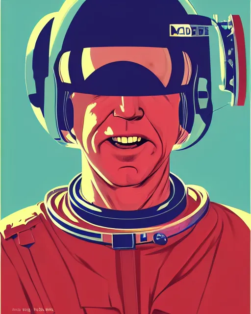 Prompt: joe biden 2 6 years old astronaut, retro space helmet, forbidden planet 1 9 5 6, retro futurism 1 9 5 0 s, half portrait by stanley artgerm, dramatic lighting, ilya kuvshinov, trending on artstation, flat colour, geometric curves, gradient filter, pleasing tone colours, space walk, by conrad roset