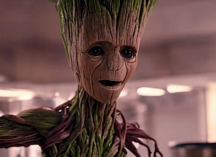 Prompt: film still of Groot working as a chef in the new Avengers movie, 4k