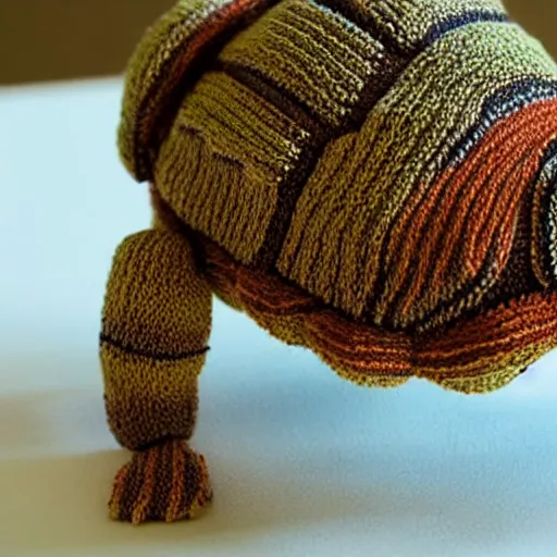 Image similar to a closeup photorealistic smiling knitted tortoise.