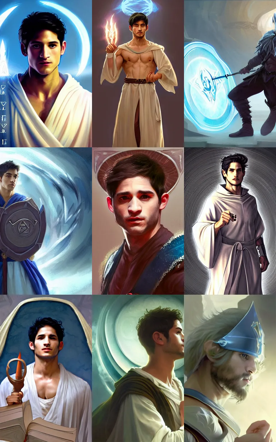 Prompt: character concept portrait of focused Tyler Posey as a wizard enchanting a shield spell, a floating spell book in the center, abs, white-blue robes, elegant, digital painting, concept art, smooth, sharp focus, illustration, from Metal Gear, by Ruan Jia and Mandy Jurgens and William-Adolphe Bouguereau, Artgerm