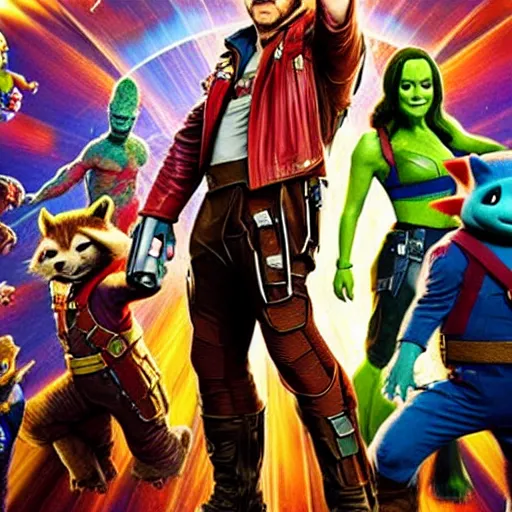 Prompt: Chris Pratt as Super Mario in a guardians of the Galaxy movie background