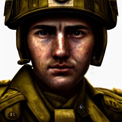 Image similar to A Hearts of Iron IV portrait of a soldier. Highly detailed, fine Art, high detail, great lighting, 8k resolution, masterpiece, concept art, illustration, clear eyes, painting oil on canvas, octane render, HDR, trending on artstation, 4k, 8k, HD