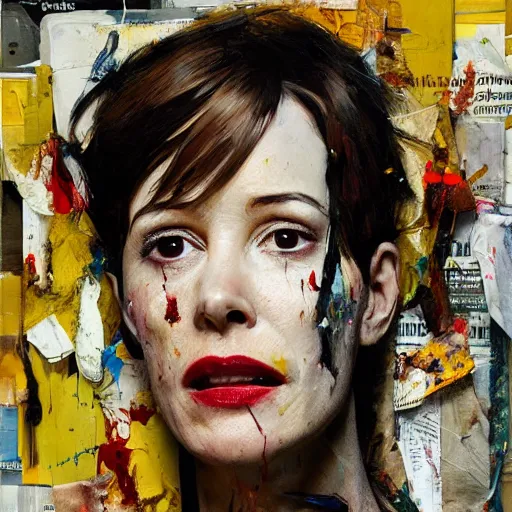 Image similar to hyperrealistic, photorealistic, mixed media oil painting of parker posey, magazine scraps, plaster, blood, oil, mustard, cigarettes, splatter, trending on artstation, award - winning painting, greg rutkowski, basquiat, ralph steadman, terry gilliam