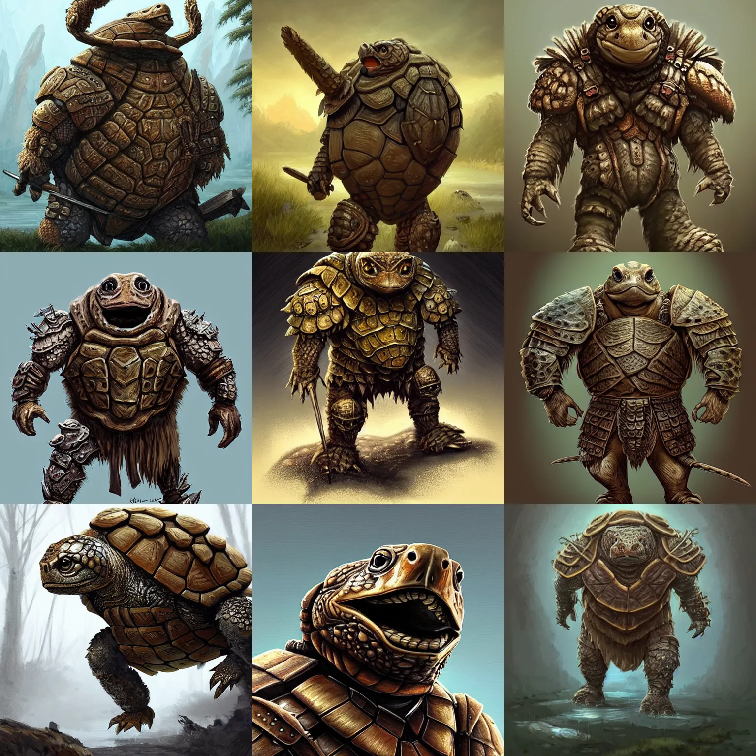 Prompt: anthropomorphic rugged pond turtle!!! oversized barbarian furry muscular armored upper body ,shell collar!!l,small head, 👅 👅 , D&D, fantasy, intricate, elegant, highly detailed, digital painting, artstation, concept art, smooth, sharp focus, illustration, art by artgerm and beeple and greg rutkowski and alphonse mucha