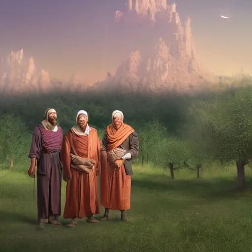 Image similar to Four wise scholars standing at the edge of a beautiful orchard at twilight, detailed and realistic matte painting, digital art