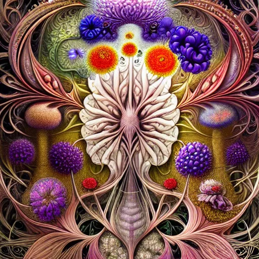 Image similar to an ultra hd detailed painting of many different types of flowers by Android Jones, Earnst Haeckel, James Jean. behance contest winner, generative art, Baroque, intricate patterns, fractalism, rococo