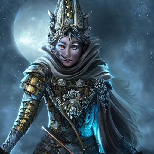Prompt: photo of a moon themed magical rogue warrior with silver robes, highly detailed, 4k, HDR, award-winning,