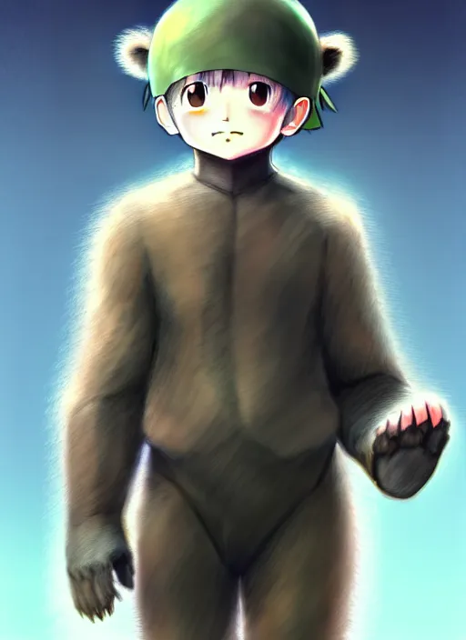 Image similar to beautiful little boy wearing an cyborg bear suit, artwork in kentaro miura and made in abyss and rosdraws, smooth, beautiful lightness, anatomically correct, trending on pixiv, forest