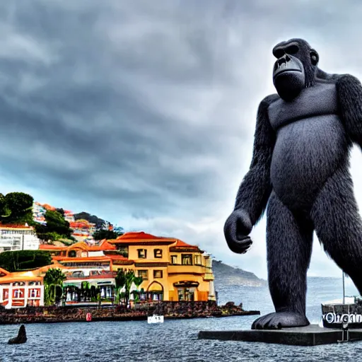 Prompt: king kong walking in funchal's city bay near the streets and sea, trampled, cinematic shot, realistic, hdr, color, wide shot, gigantic