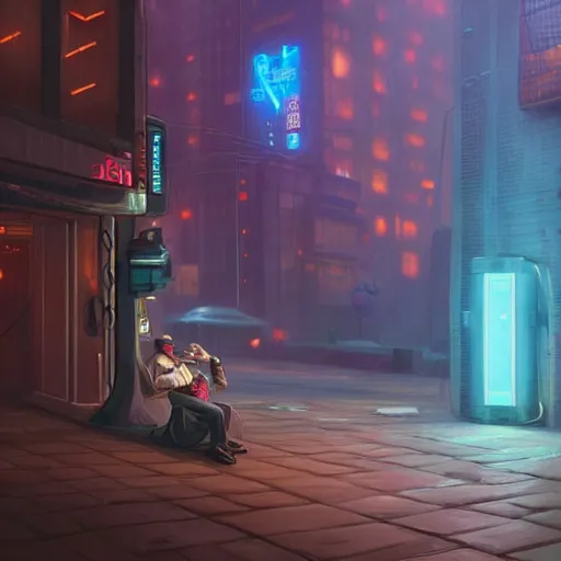 Prompt: An android smoking a cigar in a cyberpunk setting by Evgeny Lushpin, trending on Artstation, unreal engine