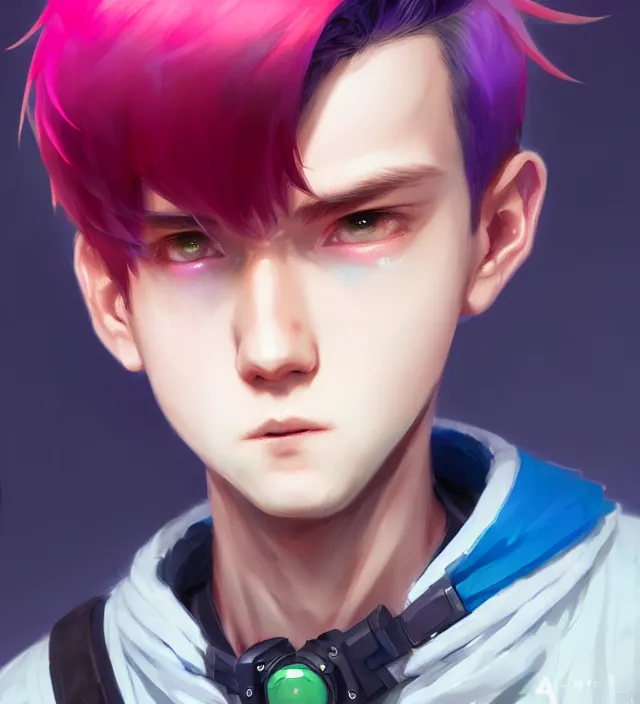 Image similar to character concept art of a cute young cyberpunk boy with colorful hair and collar | | cute - fine - face, pretty face, key visual, realistic shaded perfect face, fine details by stanley artgerm lau, wlop, rossdraws, james jean, andrei riabovitchev, marc simonetti, and sakimichan, trending on artstation