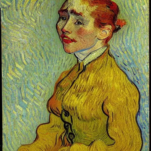 Prompt: representation of a young woman with a happy face in the year 1889 by Vincent van Gogh