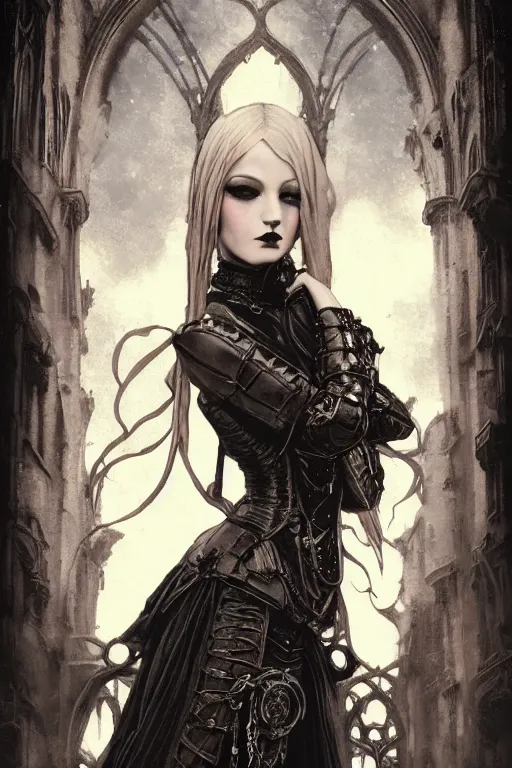 Image similar to beautiful gothic and victorian and evil and dieselpunk medieval female armor portrait like lisa blackpink+smoky eyes+front face with light flowing hair, ultradetail face, ruined gothic cathedral, art and illustration by tian zi and craig mullins and WLOP and alphonse mucha, ssci-fi, fantasy, neon lights reflect, intricate complexity, human structure, fantasy character concept, watermark, blurry, hyperrealism 8k