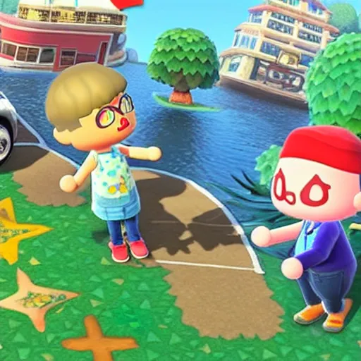 Prompt: screenshot of a carjacking in animal crossing