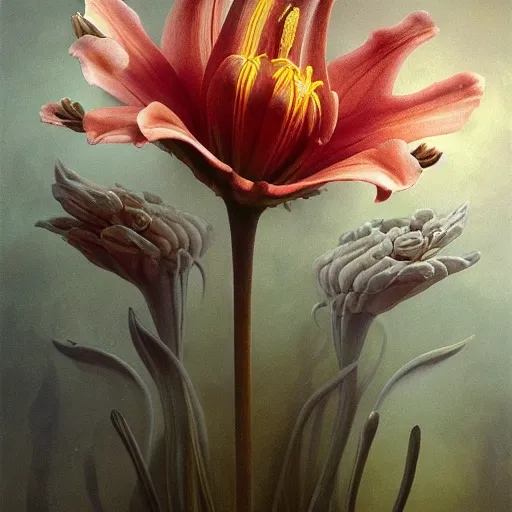 Image similar to a lily | highly detailed oil painting, hyperrealistic, very intrincate | cinematic lighting, award - winning | by rachel ruysch, giger, beksinski and bocklin | by austin osman spare and william blake, trending on artstation, cgsociety, official art, octane.