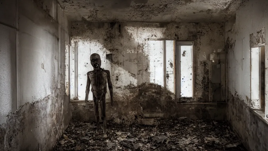 Prompt: creepy figure hides in the dilapidated hospital, glowing light coming from their head, soft light, cinematic, dreary