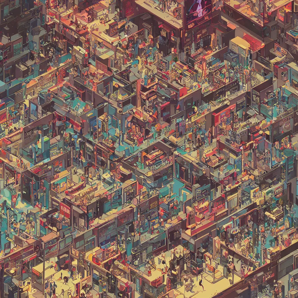 Image similar to isometric view illustration of a video games arcade, highly detailed mid day by Victo Ngai