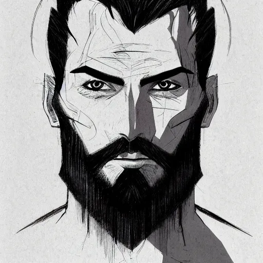 Image similar to very high angle view, very attractive man with beard, body full, strong masculine features, 3/4 front view, slim, command presence, royalty, weathered face, smooth, sharp focus, organic, appealing, book cover, deep shadows, by Dave McKean sketch lineart for character design