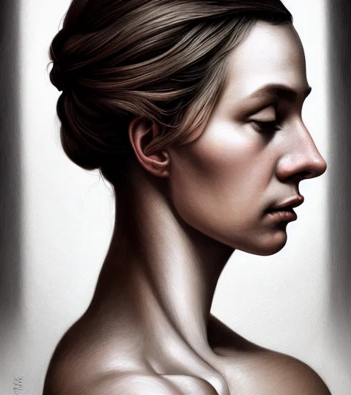Image similar to portrait of a woman in heightened detail, poised, intense emotion, detailed facial expression, detailed surroundings, intricate, elegant, highly detailed, centered, digital painting, artstation, concept art, smooth, sharp focus, illustration, by ( m. c. escher ), wlop