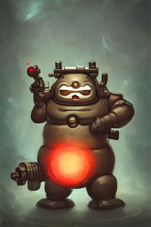 Image similar to cute fat robot with a electric machine gun, tiny, small, miniature , short, red lights, screen face, angry and adorable, fatty, DnD character art portrait, matte fantasy painting, DeviantArt Artstation, by Jason Felix by Steve Argyle by Tyler Jacobson by Peter Mohrbacher, cinematic lighting