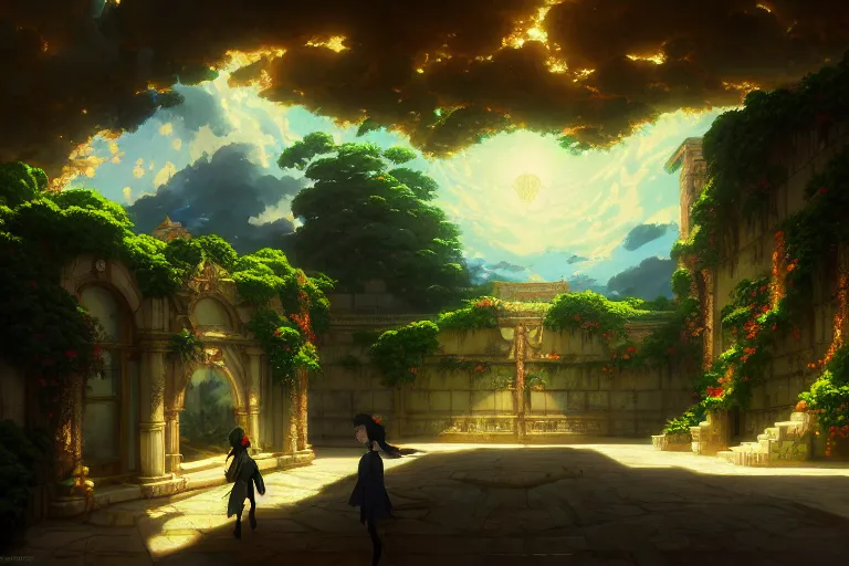 Image similar to baroque oil painting of anime key visual environment concept art of hanging gardens of babylon, brutalist, dark fantasy, rule of thirds, cinematic lighting, fake hidden detail, trending on pixiv fanbox, acrylic palette knife and brush, style of makoto shinkai studio ghibli genshin impact jamie wyeth james gilleard greg rutkowski