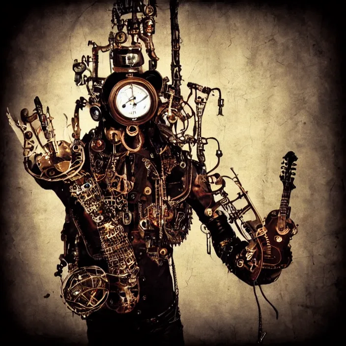 Image similar to “Steampunk Cyborg Rock Singer with eight hands, holding guitar, keyboard, drums. Highly detailed, smooth, cinematic lighting. Fisheye lens. Old torn photograph. ”