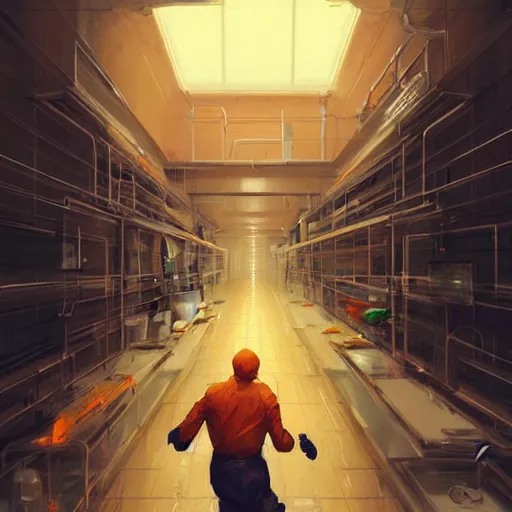 Image similar to a man in an orange jumpsuit running through a laboratory,digital art,art by greg rutkowski,ross tran,artstation,deviantart,photorealistic,hyperdetailed,detailed face,dramatic,cinematic,high quality,highly detailed face,western comic style,sharp lineart