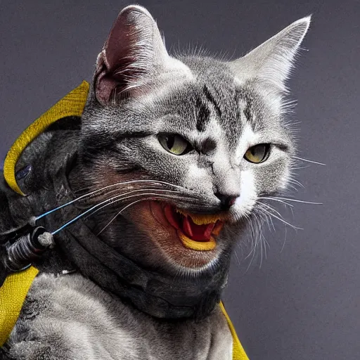 Prompt: a humanoid cat like creature in full body armor, force fields on the armor, yellow eyes, and grey fur with teeth that protrude past their lower jaw holding rifles