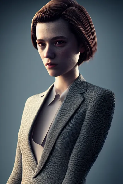 Image similar to kodak portrait 4 0 0 hyperdetailed very close portrait of a model, beautiful young female with brown hair and grey eyes, in a tight suit, volumetric light, by rossdraws and alexander mcqueen, rim light, octane render, 8 k