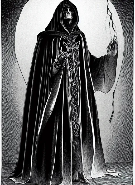 Image similar to fineart illustration of the necromancer wearing a cloak, hyper detailed, crisp