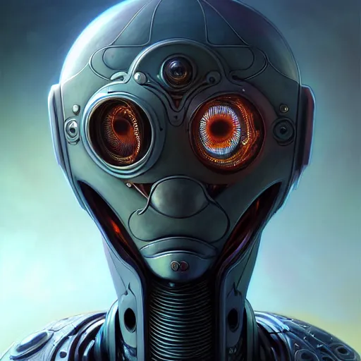 Image similar to front shot of a cyberpunk gazmask robot character, intricate, elegant, highly detailed, centered, digital painting, artstation, concept art, smooth, sharp focus, illustration, artgerm, Tomasz Alen Kopera, Peter Mohrbacher, donato giancola, Joseph Christian Leyendecker, WLOP, Boris Vallejo