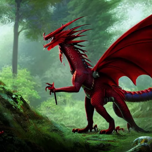 Prompt: red fire dragon in verdant forest, dnd character, background focus, high fantasy, magic, regal, realistic textured skin, gemstone textured scales, wings extended, spitting fire, huge eyes, clear clean, by lya kushinov, Avetetsuya Studios, Alexandra Fomina artstation, by Makoto Shinkai, Shinerai, matte painting