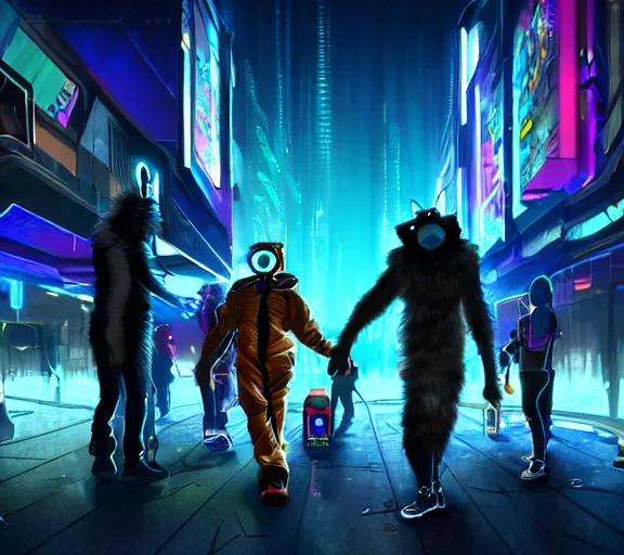 Image similar to high - resolution photograph from a cyberpunk era furry fandom convention ( midwest furfest 2 0 4 7 ), taking place after the genetic revolution and quantum singularity. photorealistic.