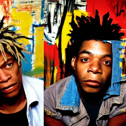 Prompt: of a photo of jean - michel basquiat and kurt cobain in basquiat ’ s studio, photorealistic,