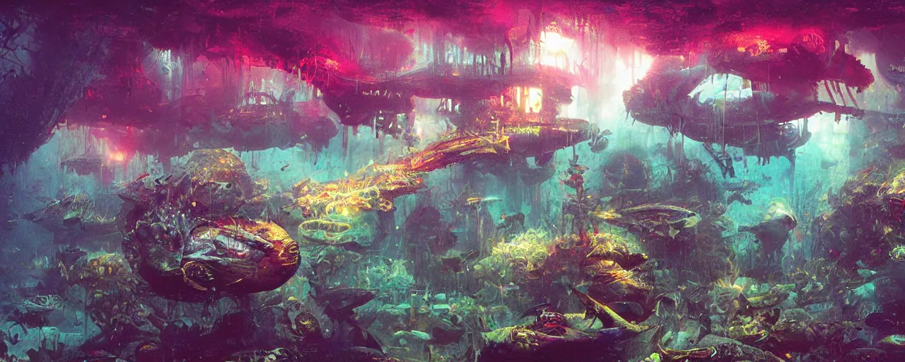 Prompt: ” inside a fish, [ moist, wet, gut, gills, cinematic, detailed, epic, widescreen, opening, establishing, mattepainting, photorealistic, realistic textures, octane render, art by paul lehr ] ”