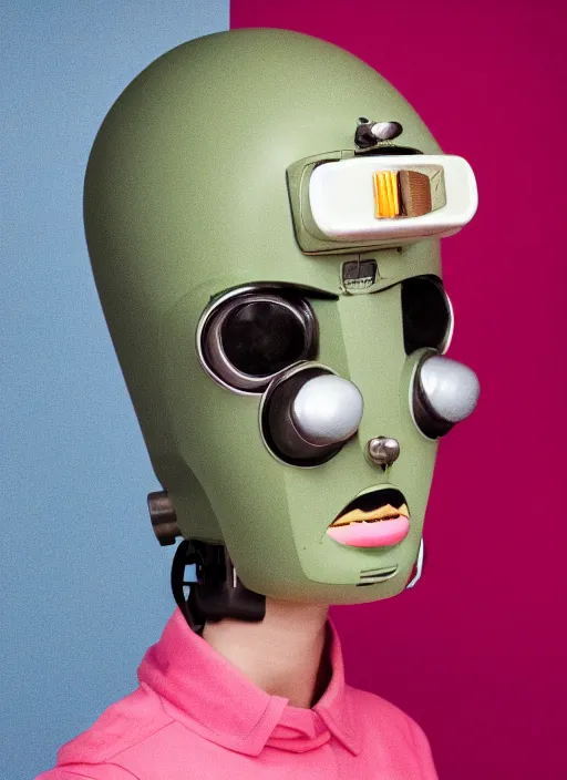 Prompt: a fashion portrait photograph of a retro robot head in the style of wes anderson, pastel hues, 35mm, pentax, studio lighting