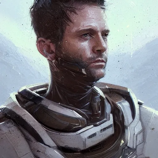 Image similar to Portrait of a man by Greg Rutkowski, he is about 30 years old, Nordic and Hebrew factions, messy brown short hair, strong, tired expression, father figure image, he is wearing a futuristic space gear, highly detailed portrait, scifi, digital painting, artstation, concept art, smooth, sharp foccus ilustration, Artstation HQ.