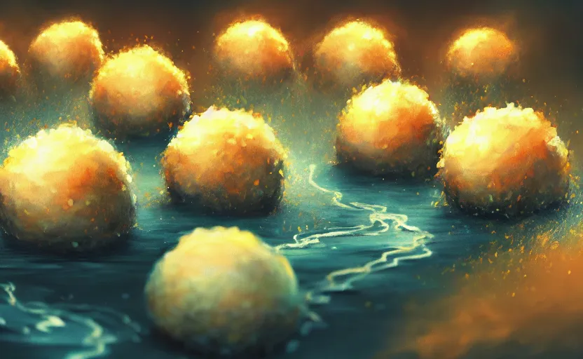 Image similar to magic : the gathering fantasy concept art of cute riceballs with excited faces bouncing down a mountain path, by marco bucci, high resolution, rice granules scattered all around, balls of rice, bouncing, fantasy coloring, intricate, digital painting, artstation, smooth, sharp focus