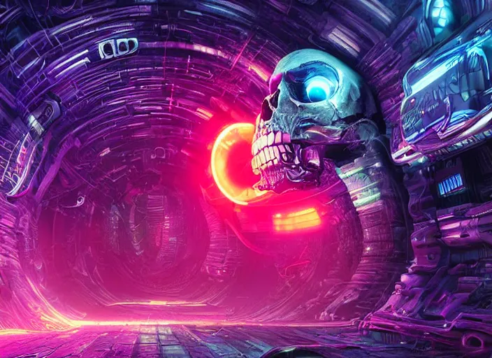 Image similar to a futuristic skull with glowing eyes and a wormhole tunnel, cyberpunk art by android jones, behance contest winner, computer art, darksynth, synthwave, rendered in cinema 4 d